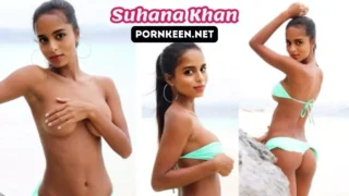Suhana Khan in Blue Dress on Beach Posing her Sexy Cleavage
