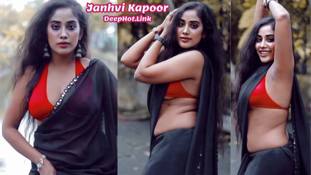 Janhvi Kapoor red hot bra cleavage black Saree without